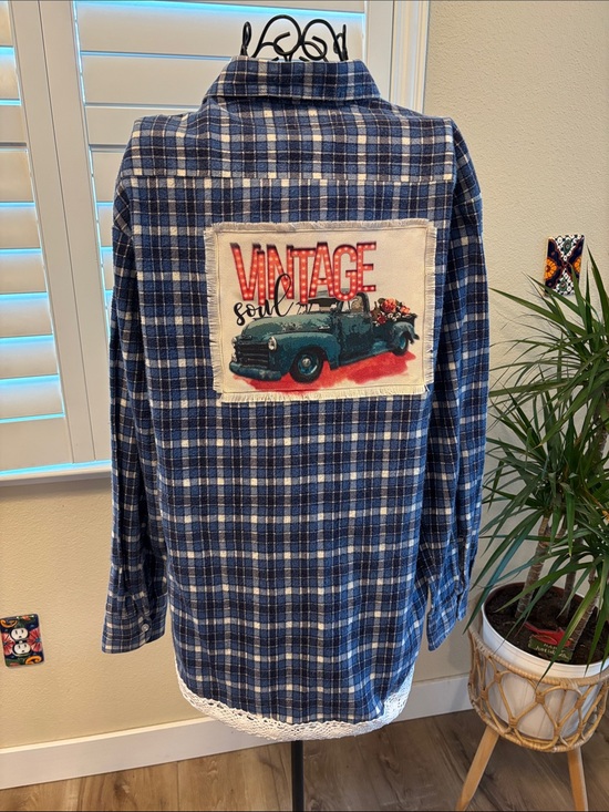Handmade Tops - Handmade one of a kind distressed flannel with Vintage Truck Back Patch